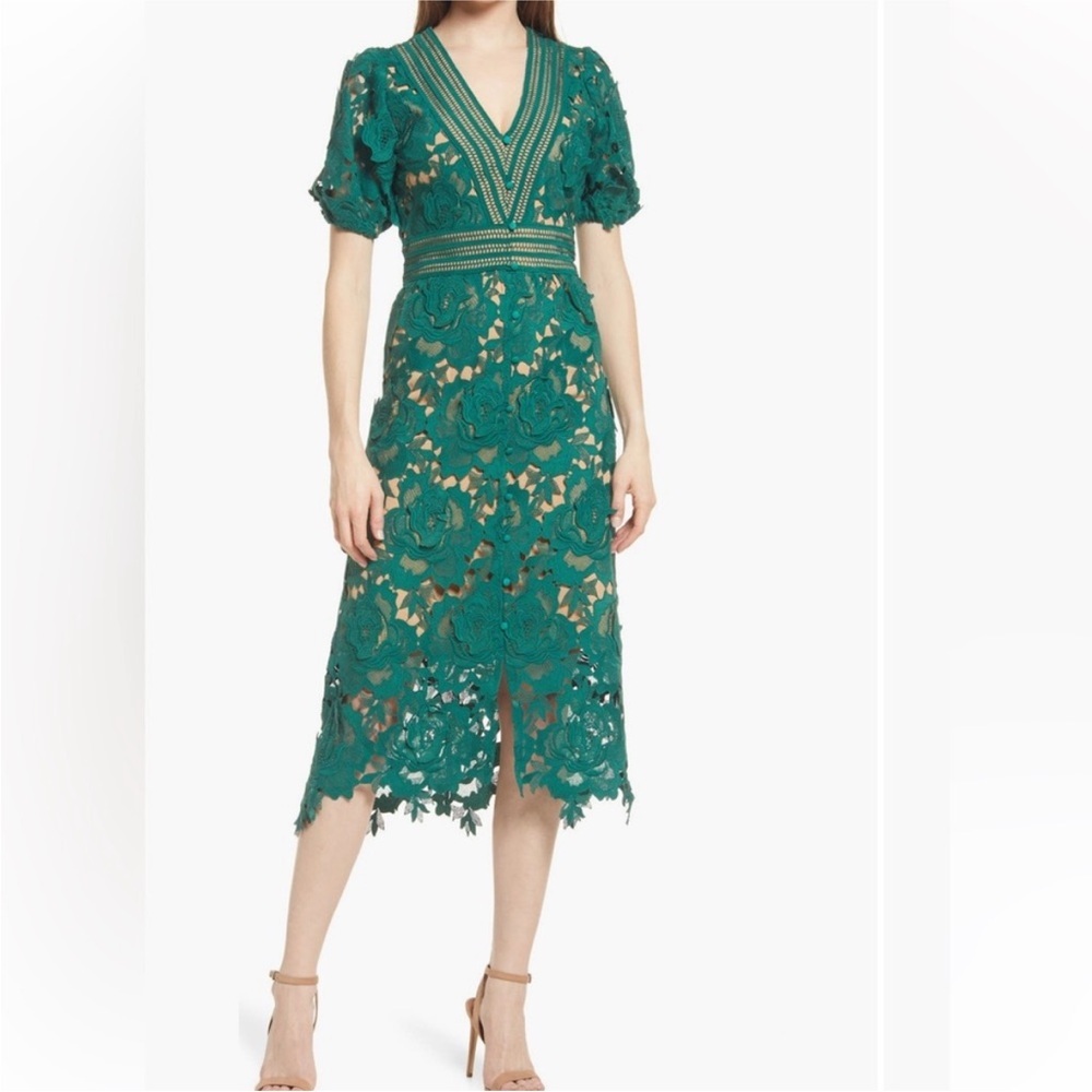 Adelyn Rae Crochet Lace Emerald Midi Floral Dress Size XS